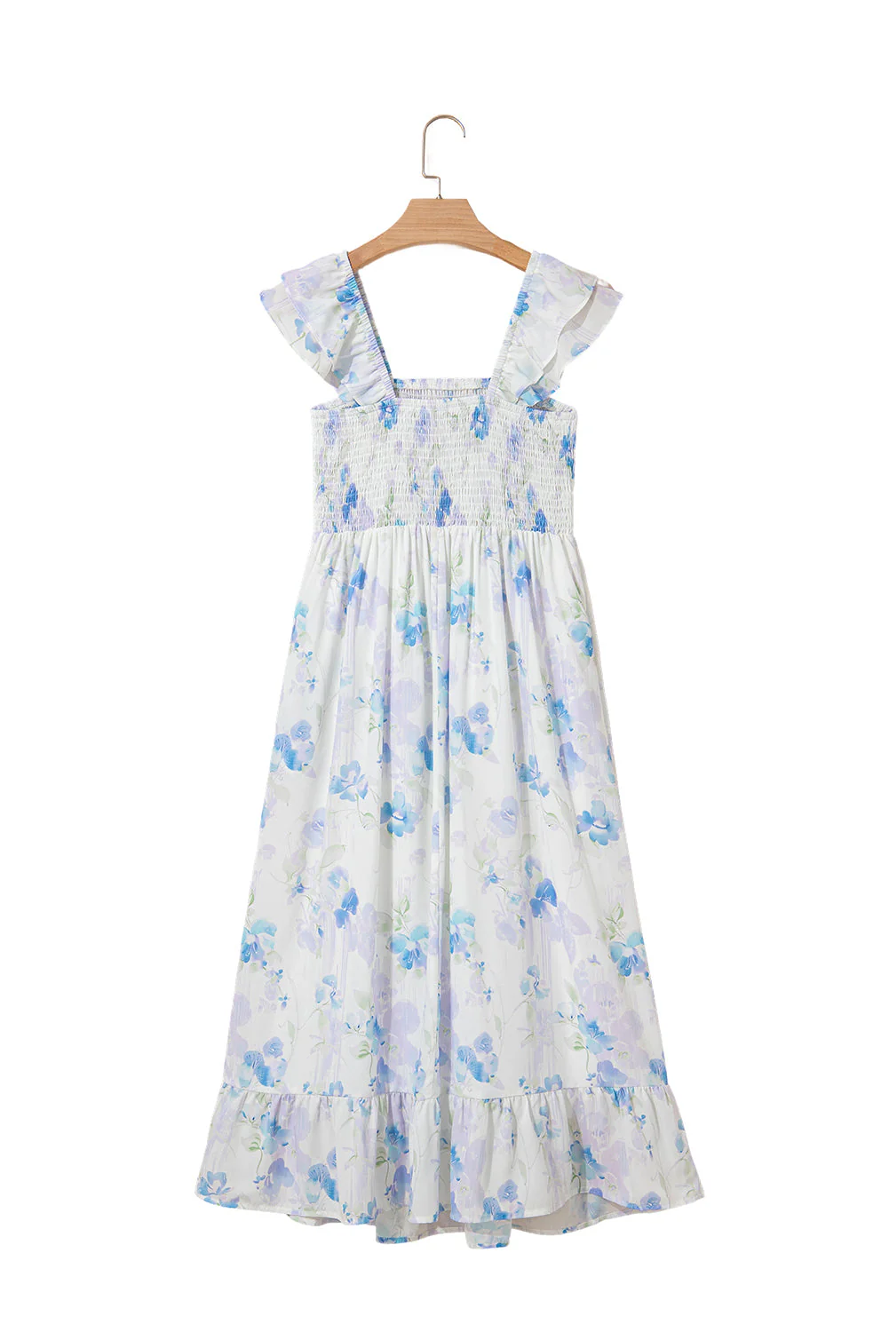 Sky Blue Floral Smocked High Waist Double Ruffle Sleeveless Long Dress - Image 19