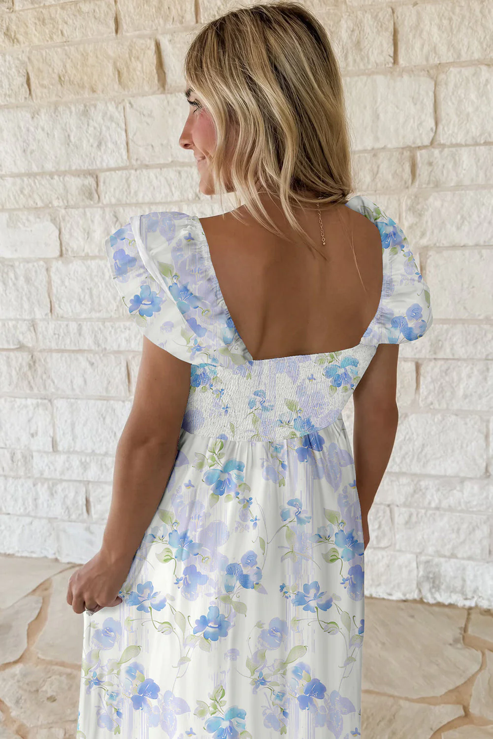 Sky Blue Floral Smocked High Waist Double Ruffle Sleeveless Long Dress - Image 2