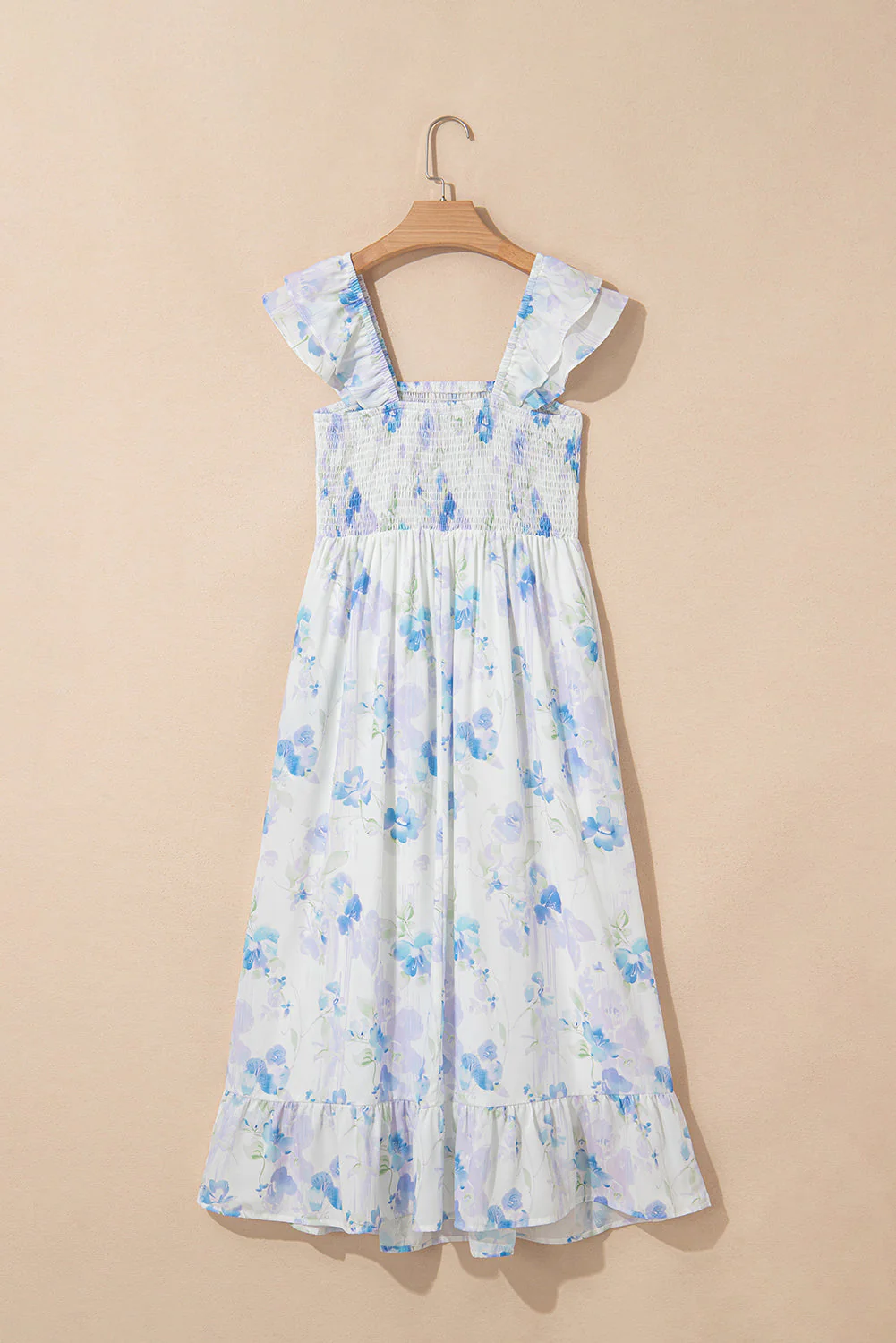 Sky Blue Floral Smocked High Waist Double Ruffle Sleeveless Long Dress - Image 4