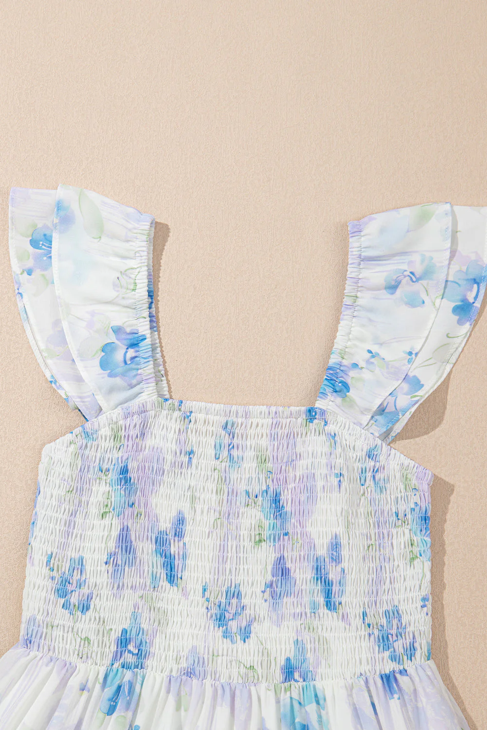 Sky Blue Floral Smocked High Waist Double Ruffle Sleeveless Long Dress - Image 8