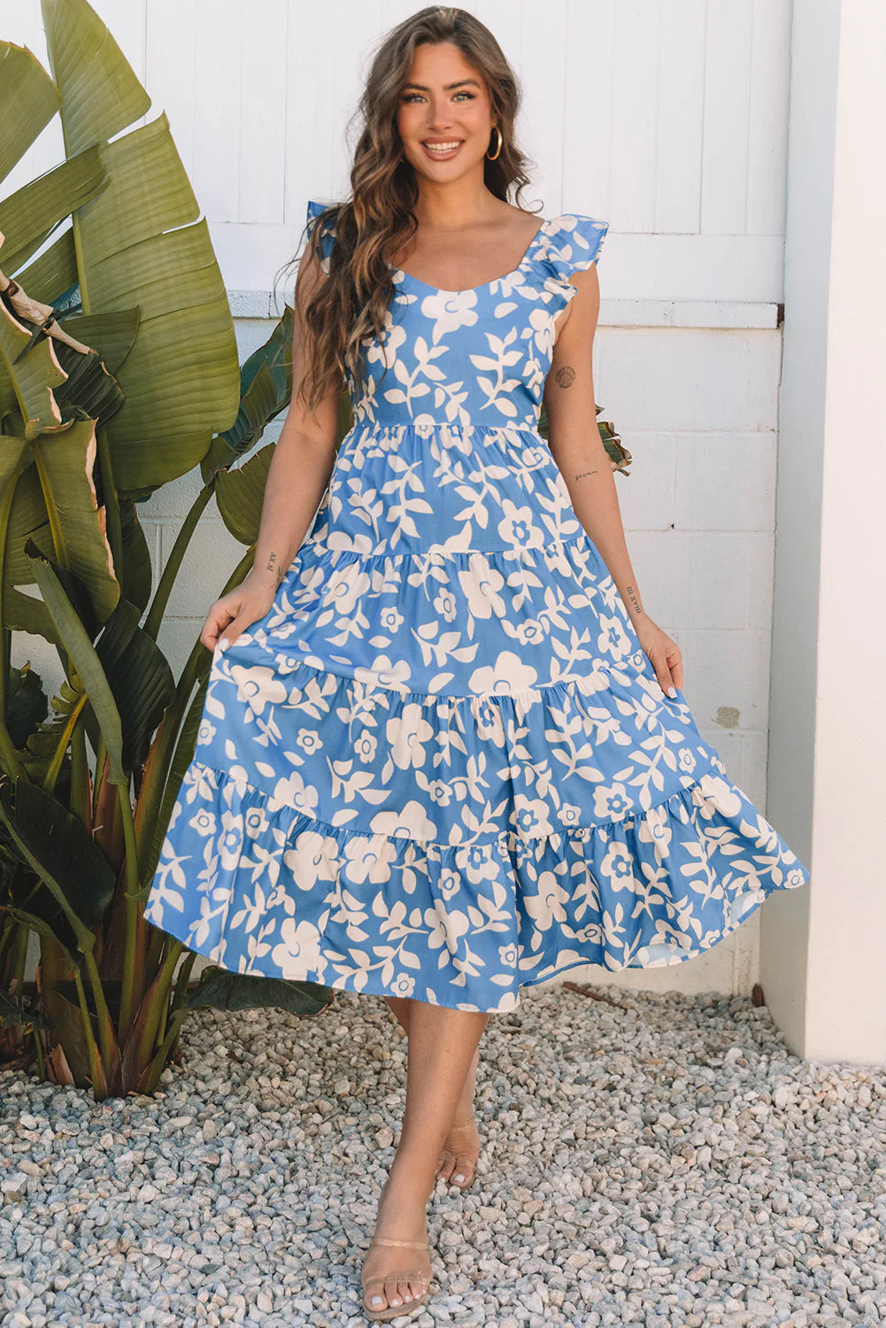 Sky Blue Floral U Neck Flutter Shoulder Tiered Flowy Midi Dress - Image 4