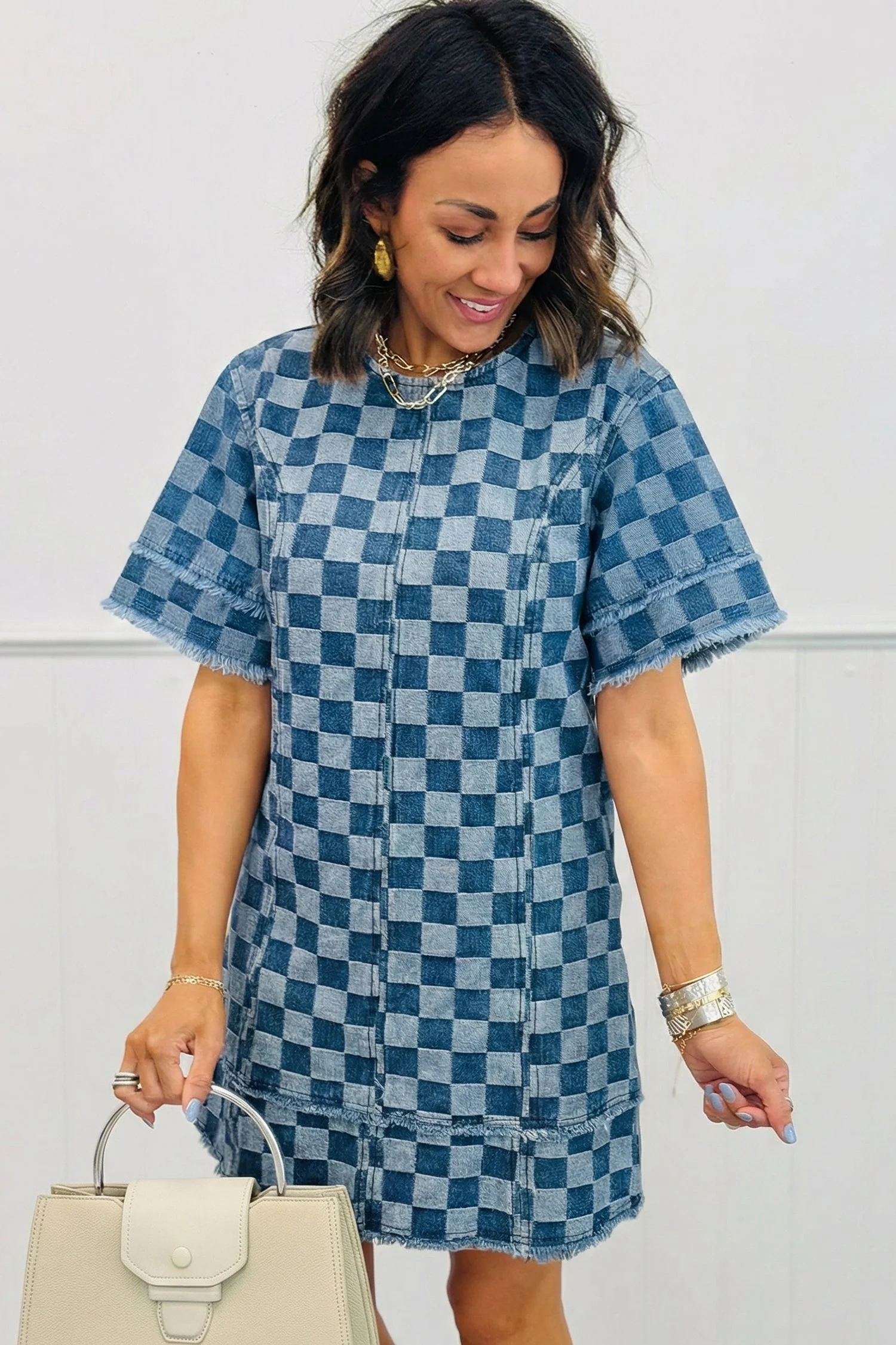 Sky Blue Frayed Hem Checkered Denim Mini Dress - Image 3