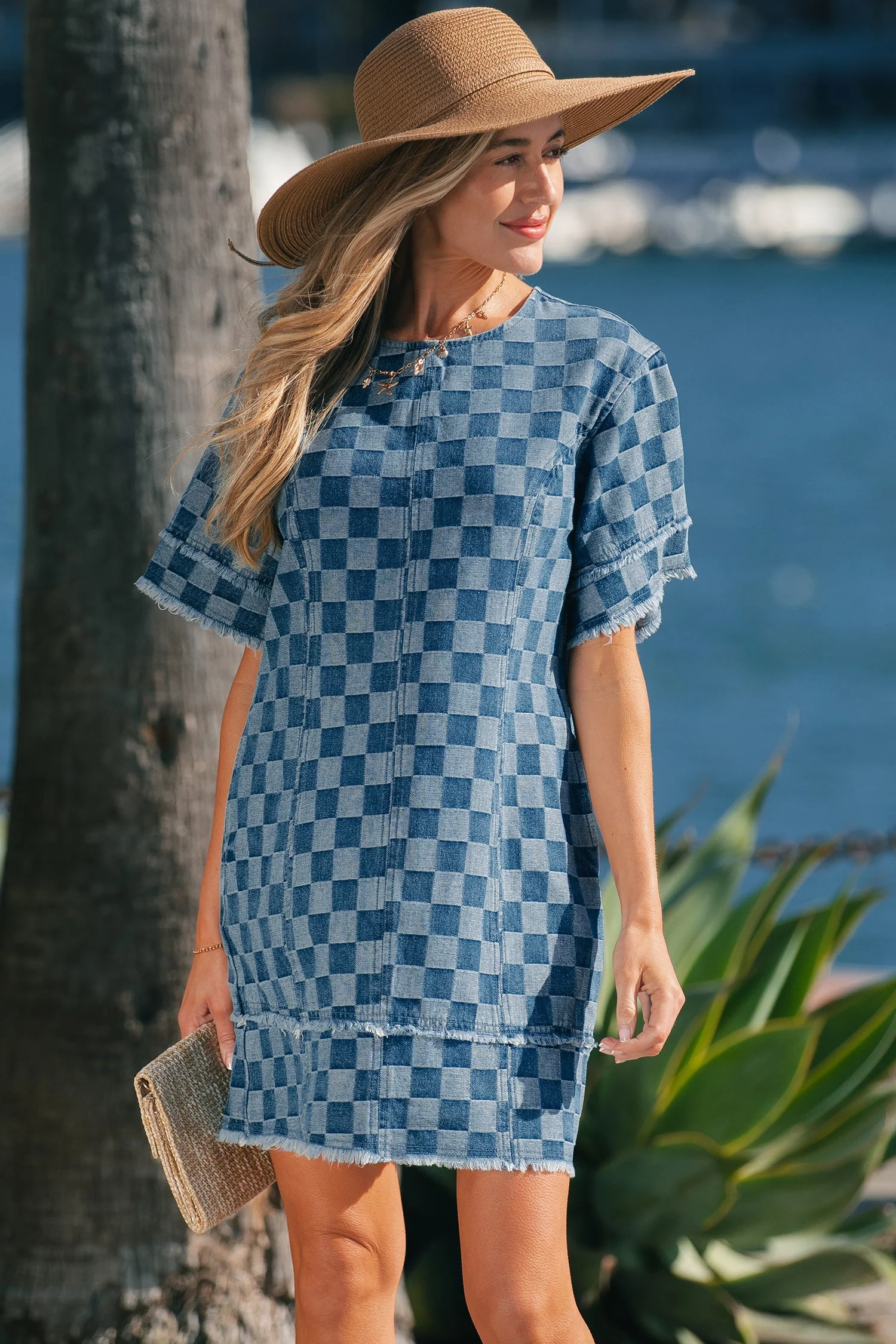 Sky Blue Frayed Hem Checkered Denim Mini Dress - Image 9