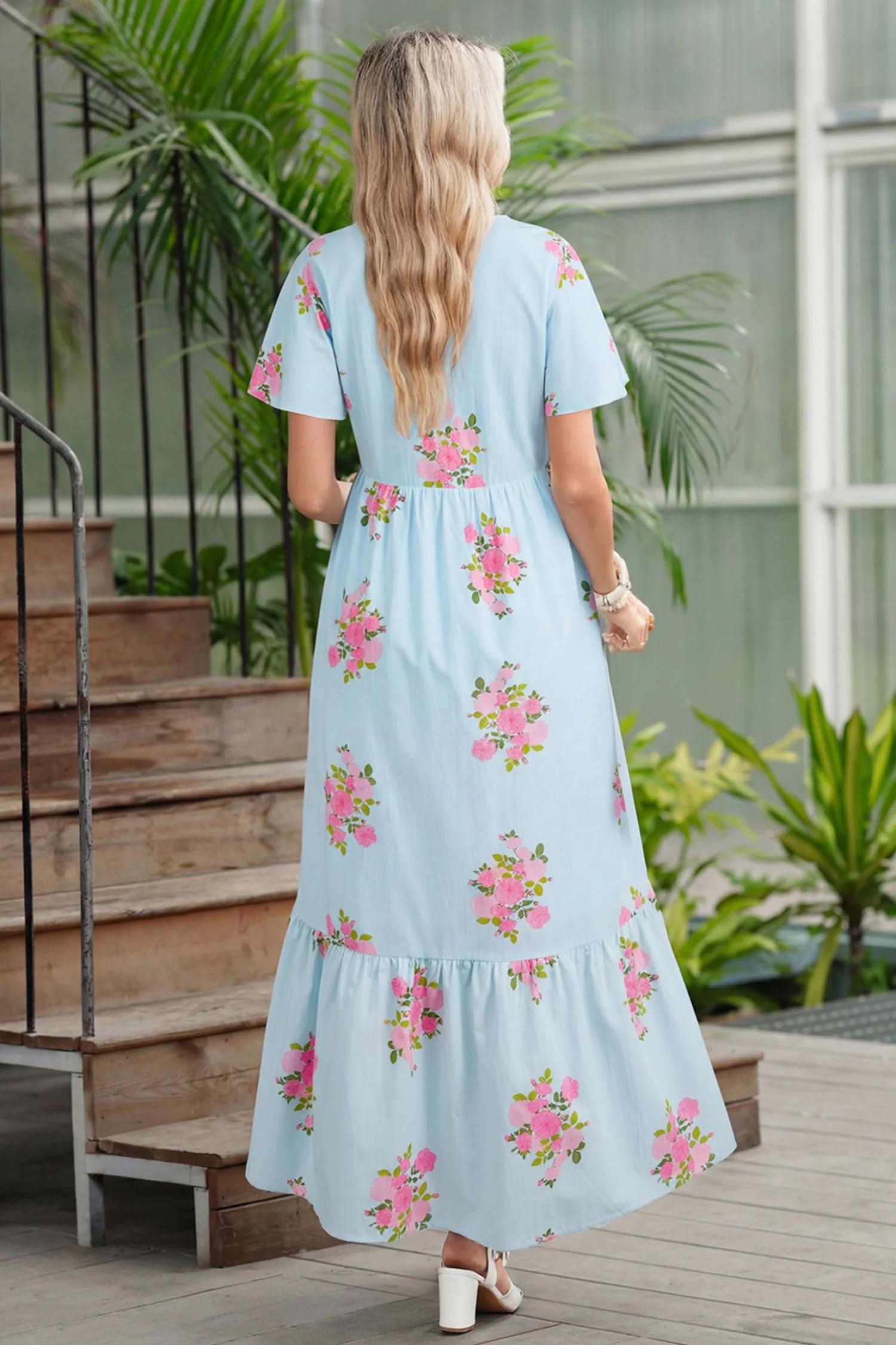 Sky Blue Notched Neck Flutter Short Sleeve Floral Print Maxi Dress - Image 2