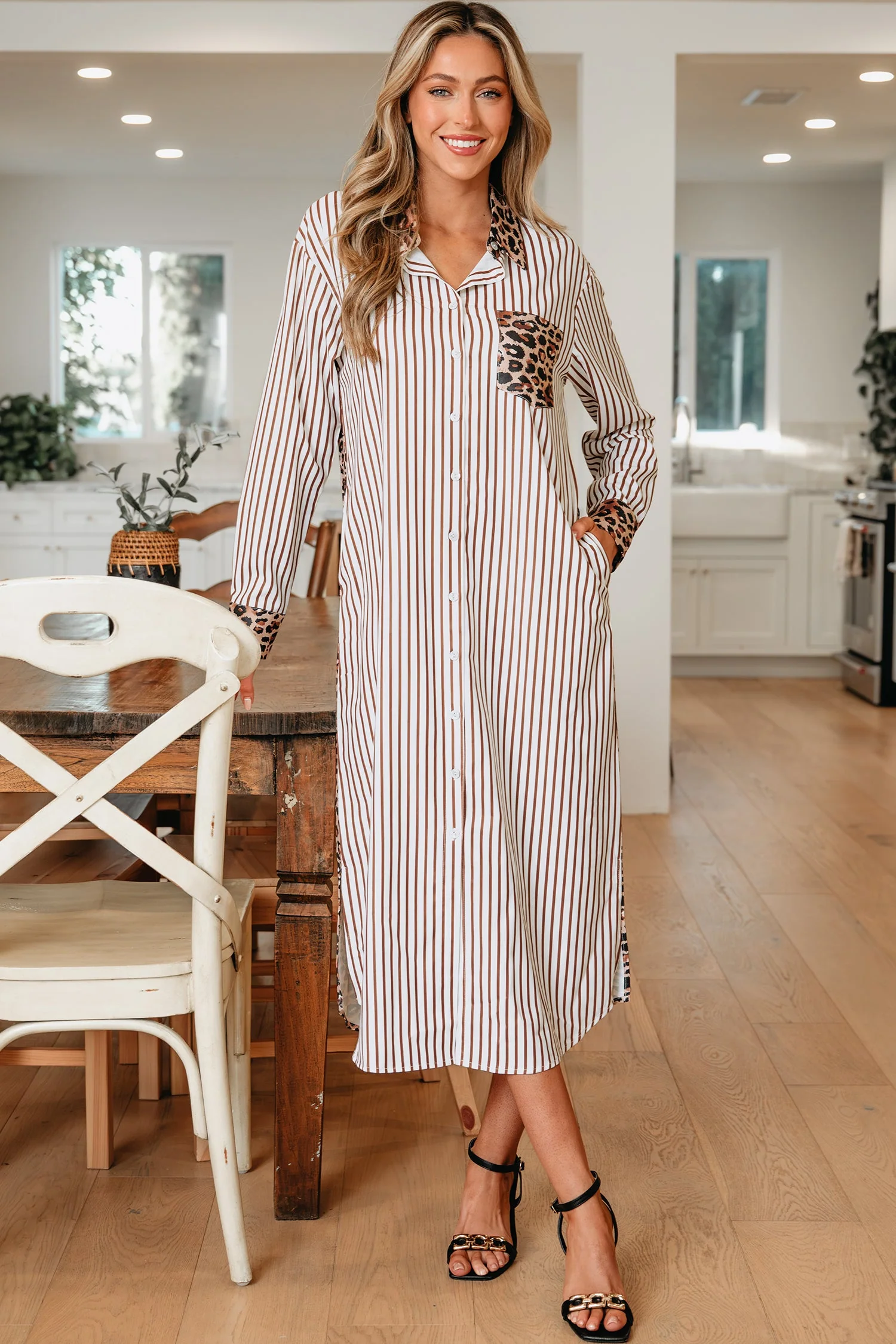 Sky Blue Stripe Contrast Leopard Patchwork Long Shirt Dress with Slits - Image 4