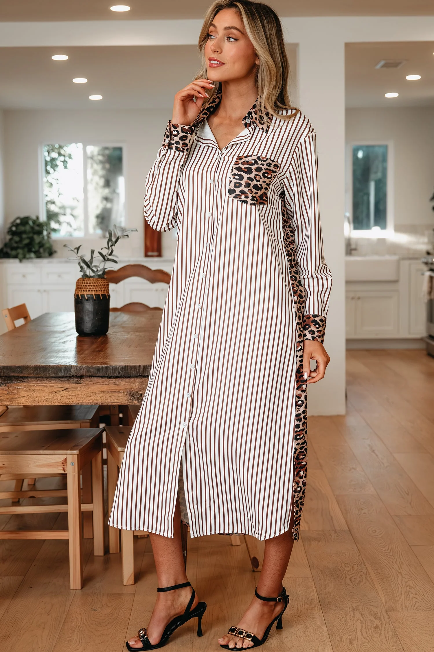 Sky Blue Stripe Contrast Leopard Patchwork Long Shirt Dress with Slits - Image 6