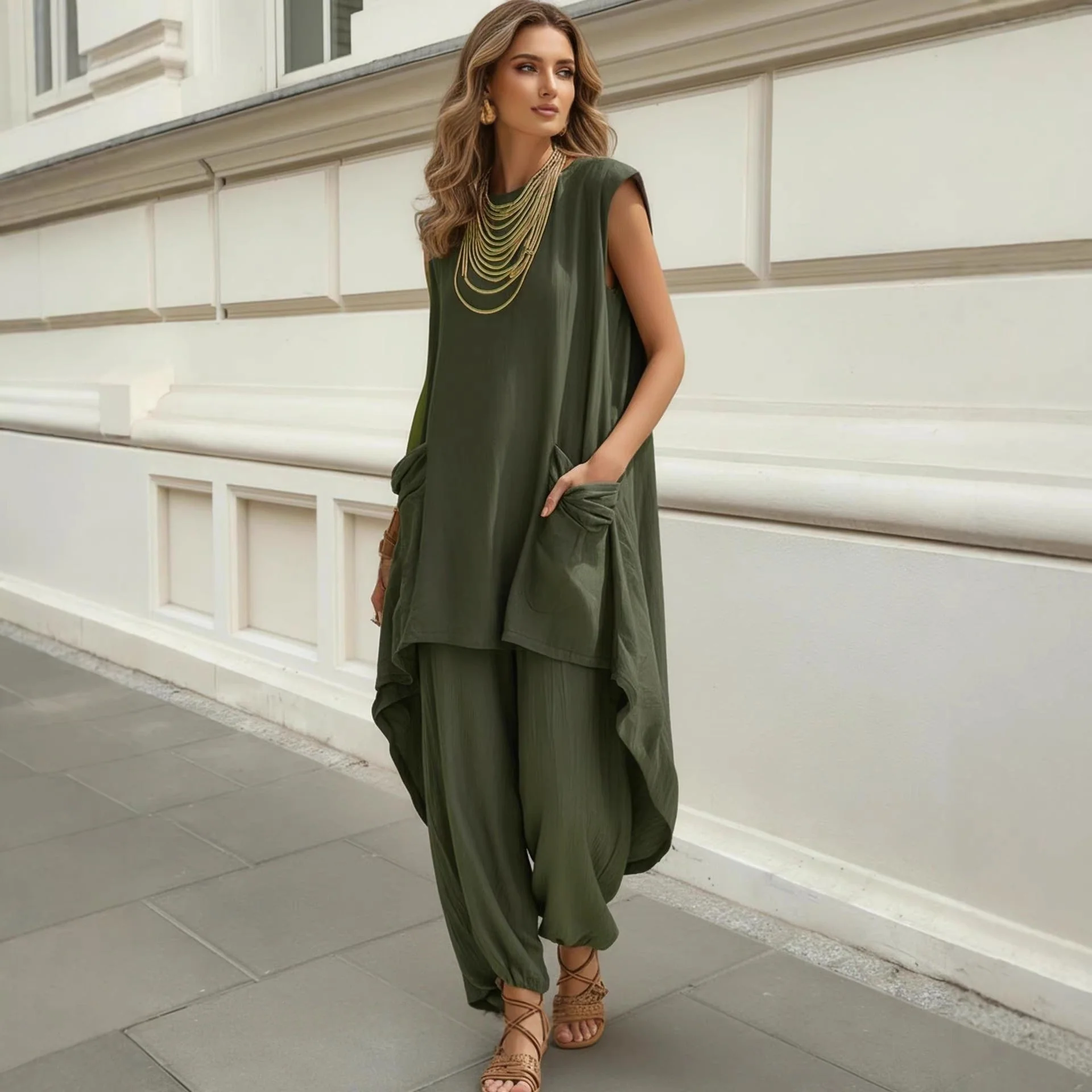 Sleeveless 3D-Cut Resort Two-Piece Set | Top & Pants - Image 3