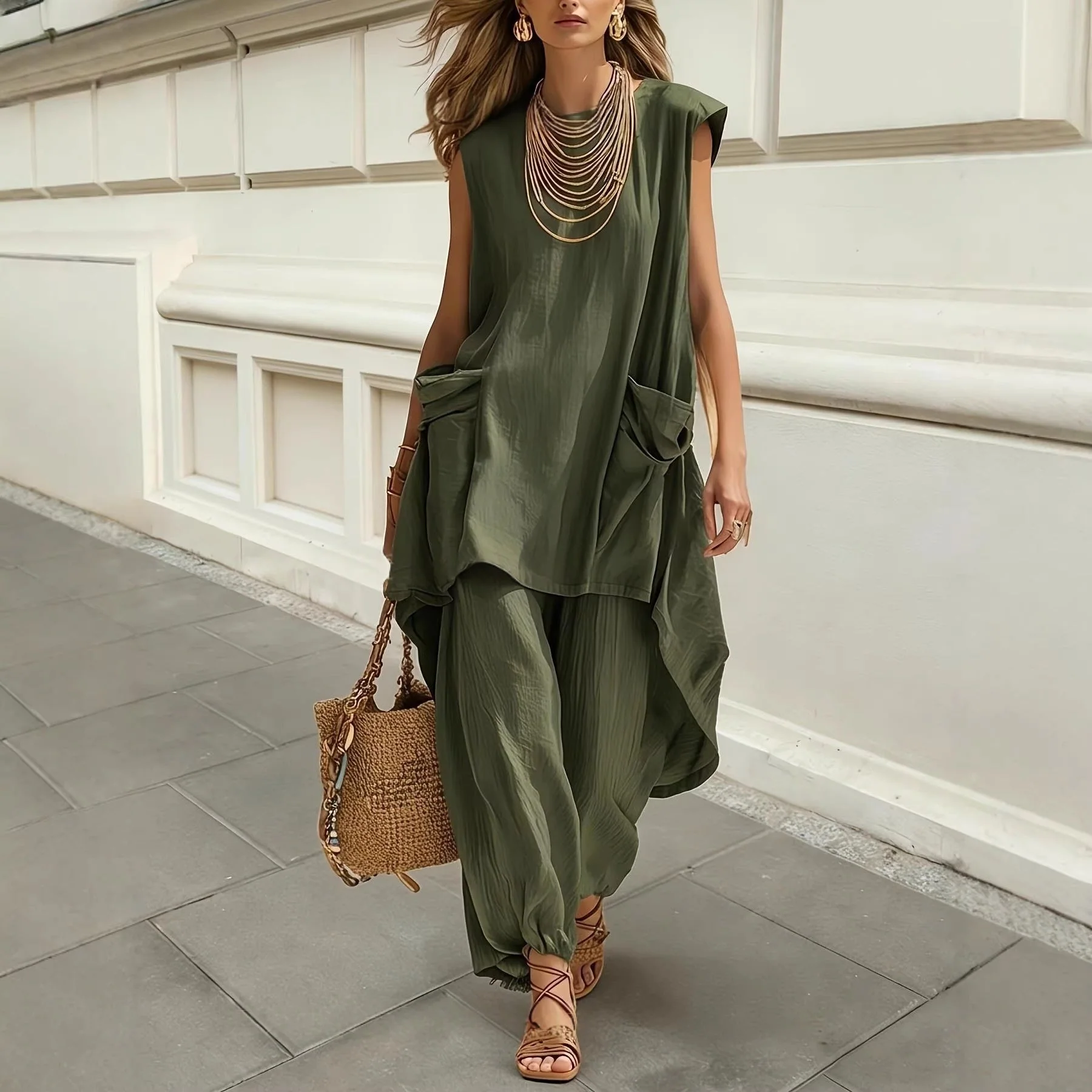 Sleeveless 3D-Cut Resort Two-Piece Set | Top & Pants - Image 5