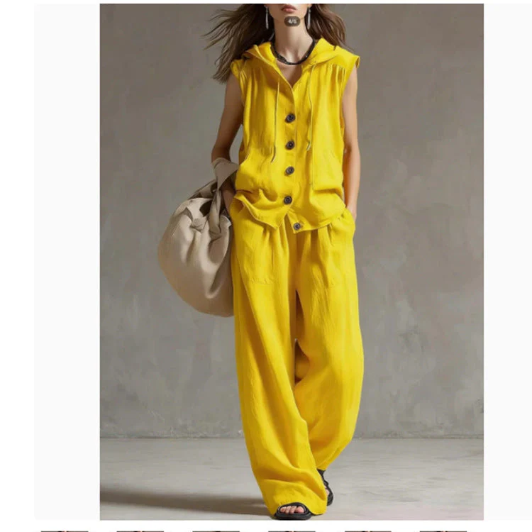 Sleeveless Hooded Top & Wide-Leg Pants Set | High-Waist Two-Piece - Image 10