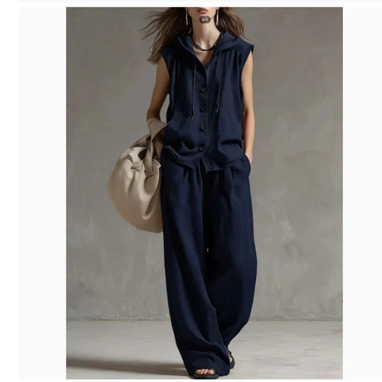 Sleeveless Hooded Top & Wide-Leg Pants Set | High-Waist Two-Piece - Image 6