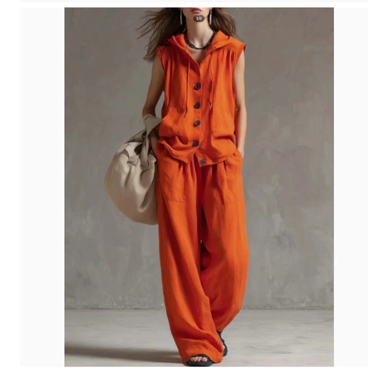 Sleeveless Hooded Top & Wide-Leg Pants Set | High-Waist Two-Piece - Image 8
