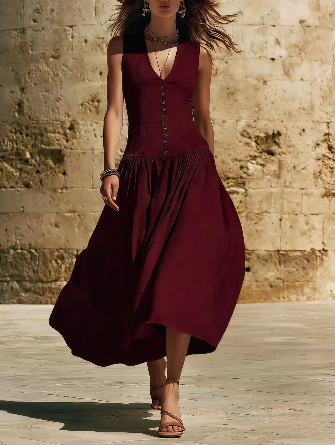 Sleeveless V-Neck Button Dress – Elegant Cotton-Linen Maxi Dress - Image 10