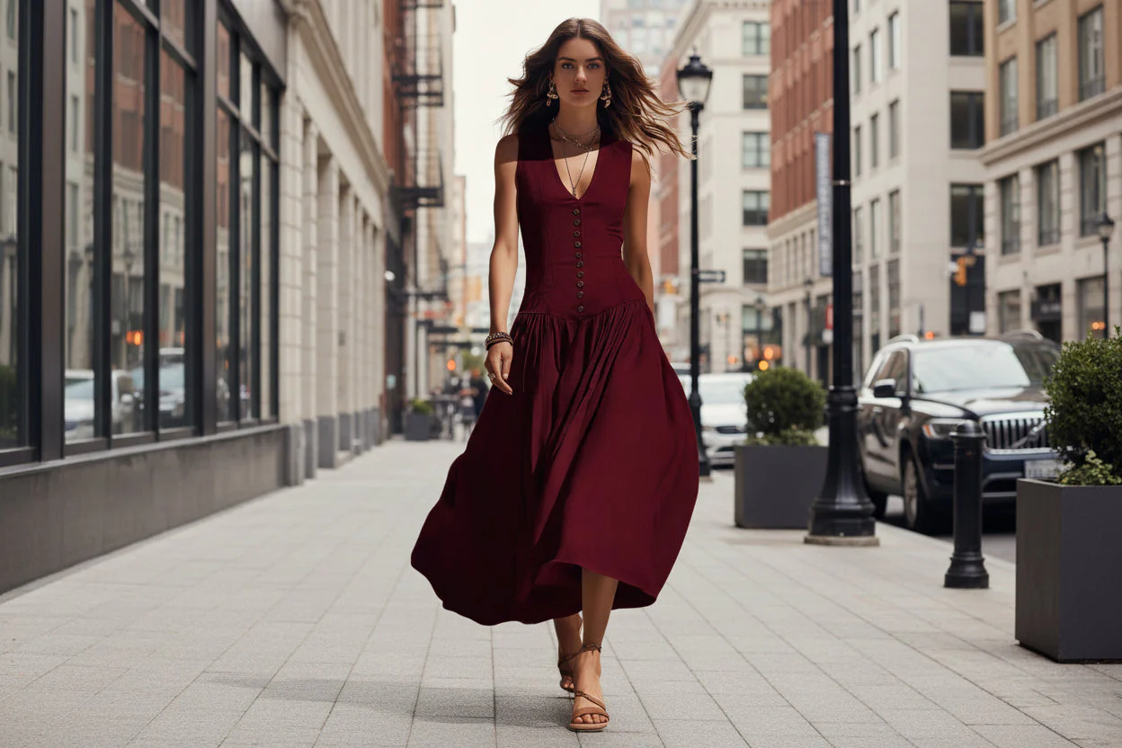 Sleeveless V-Neck Button Dress – Elegant Cotton-Linen Maxi Dress - Image 4