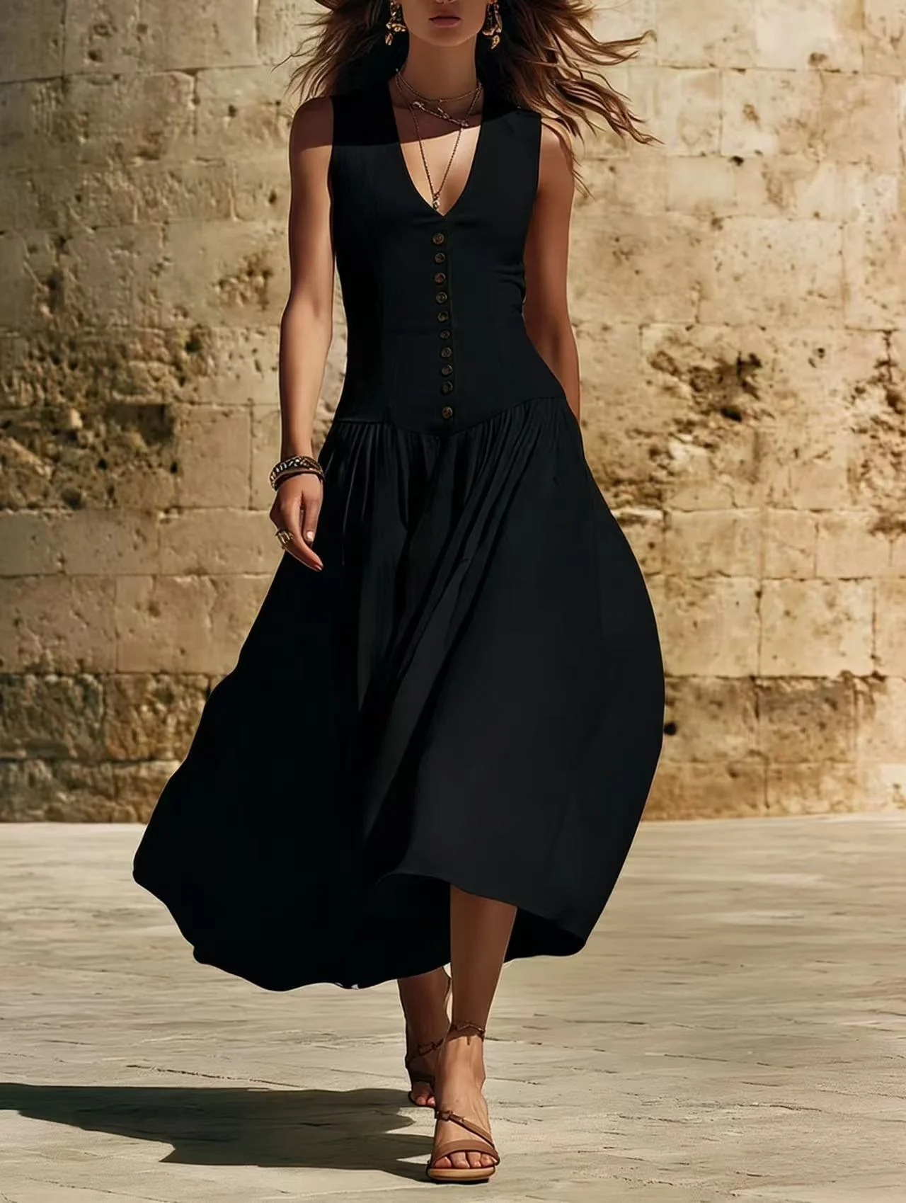 Sleeveless V-Neck Button Dress – Elegant Cotton-Linen Maxi Dress - Image 7