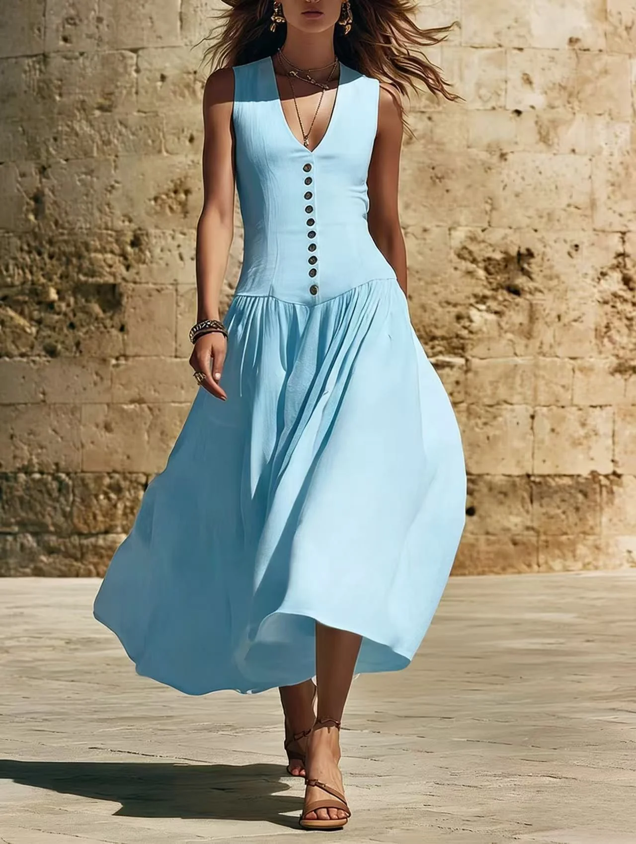 Sleeveless V-Neck Button Dress – Elegant Cotton-Linen Maxi Dress - Image 9