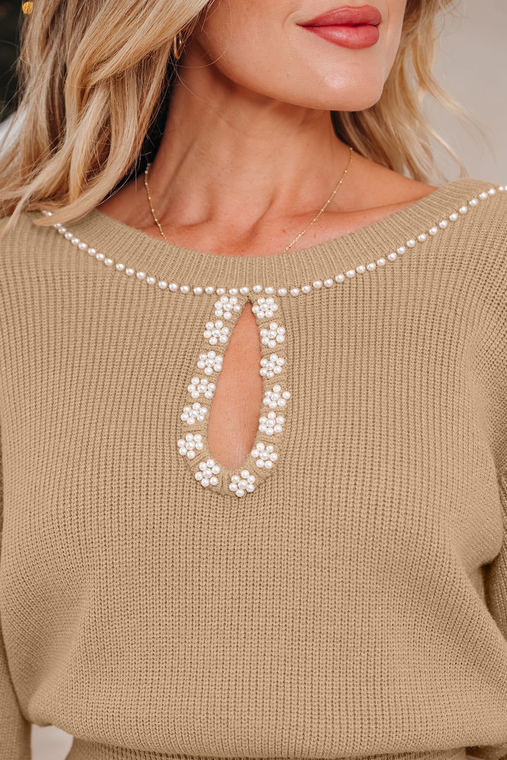 Smoke Gray Pearl Embellished Keyhole Ribbed Sweater Dress - Image 8