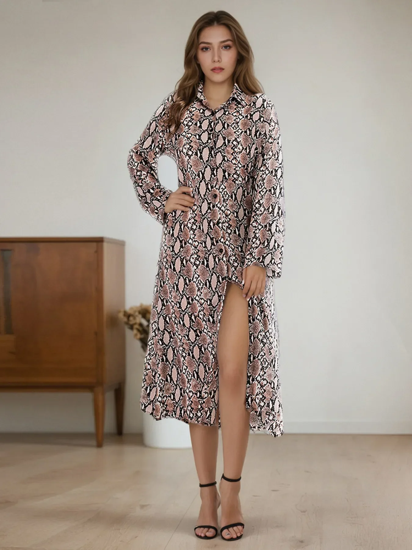 Snake Print Long Sleeve Shirt Dress - Image 4