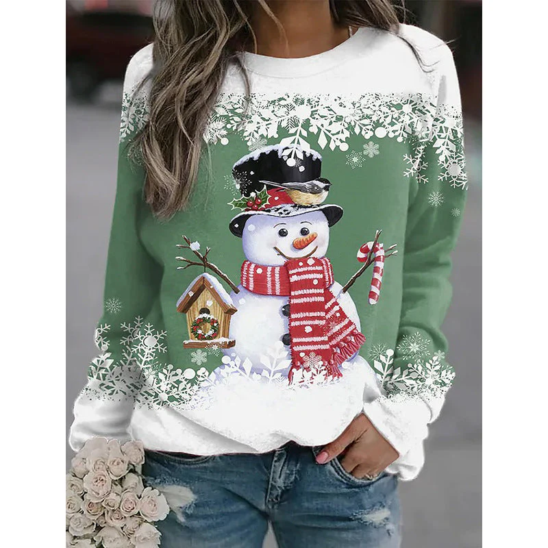 Snowman Printed Panel Loose Sweater – Casual Holiday Knit for Women - Image 15