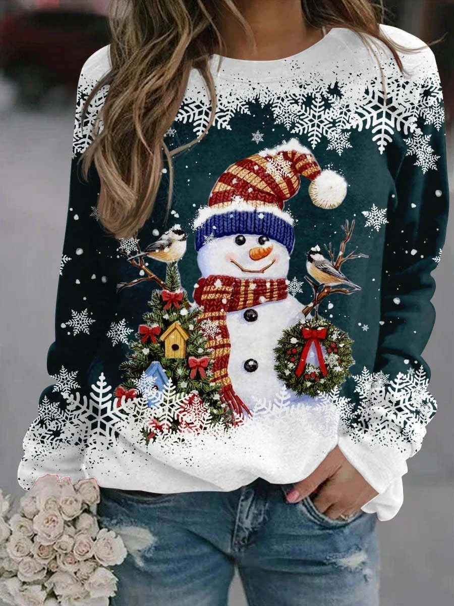 Snowman Printed Panel Loose Sweater – Casual Holiday Knit for Women - Image 6