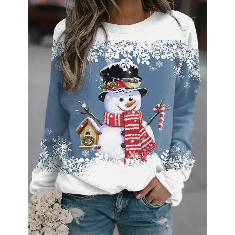 Snowman Printed Panel Loose Sweater – Casual Holiday Knit for Women - Image 7