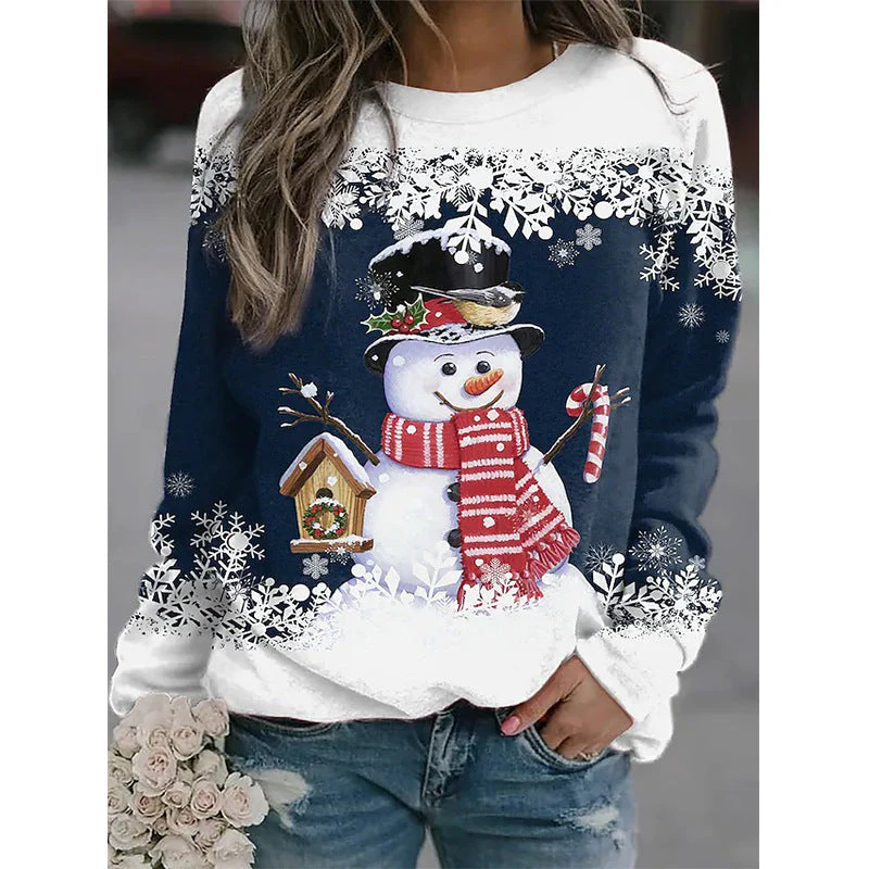 Snowman Printed Panel Loose Sweater – Casual Holiday Knit for Women - Image 8