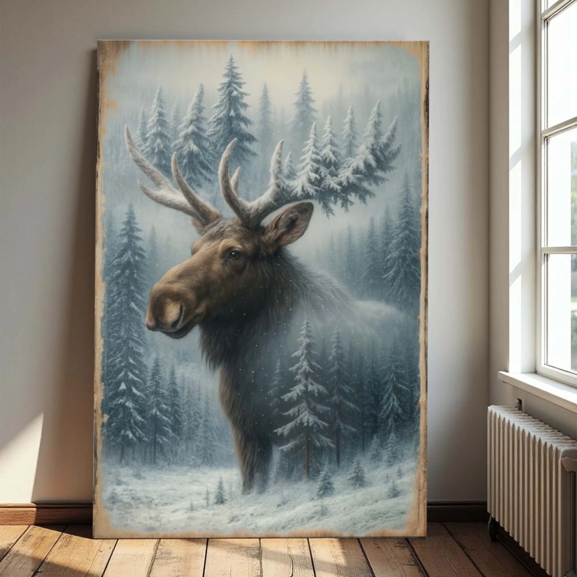 Snowy Forest Moose Double Exposure Wall Art - Image 5