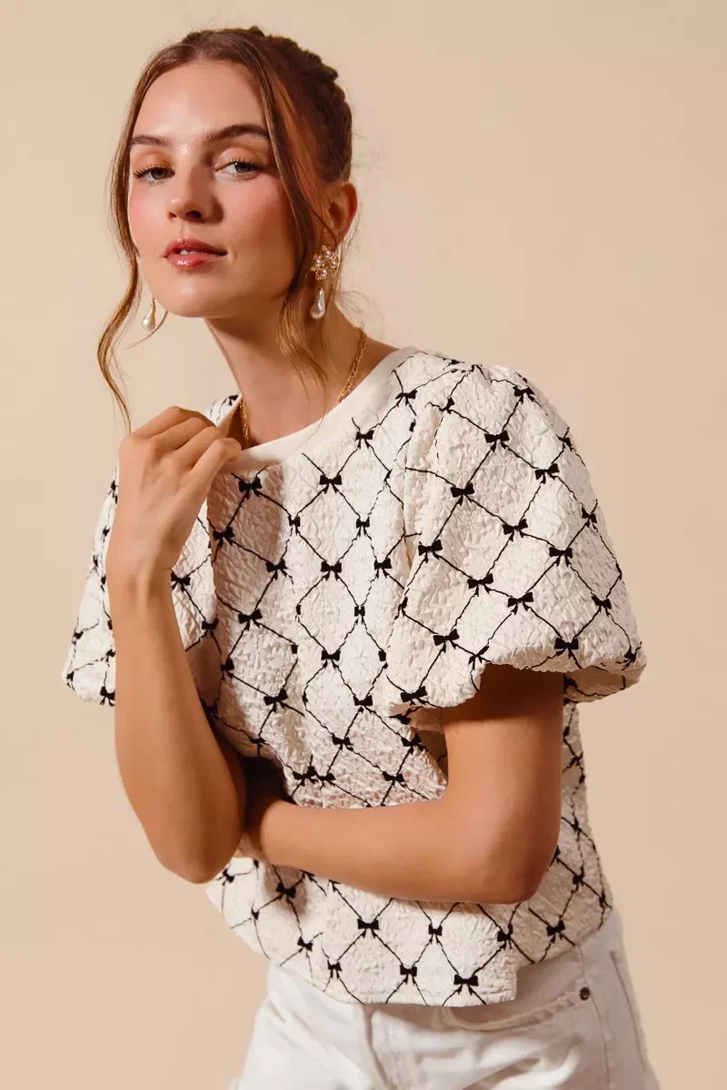 SO ME Bow Texture Woven Bubble Sleeve Top - Image 6