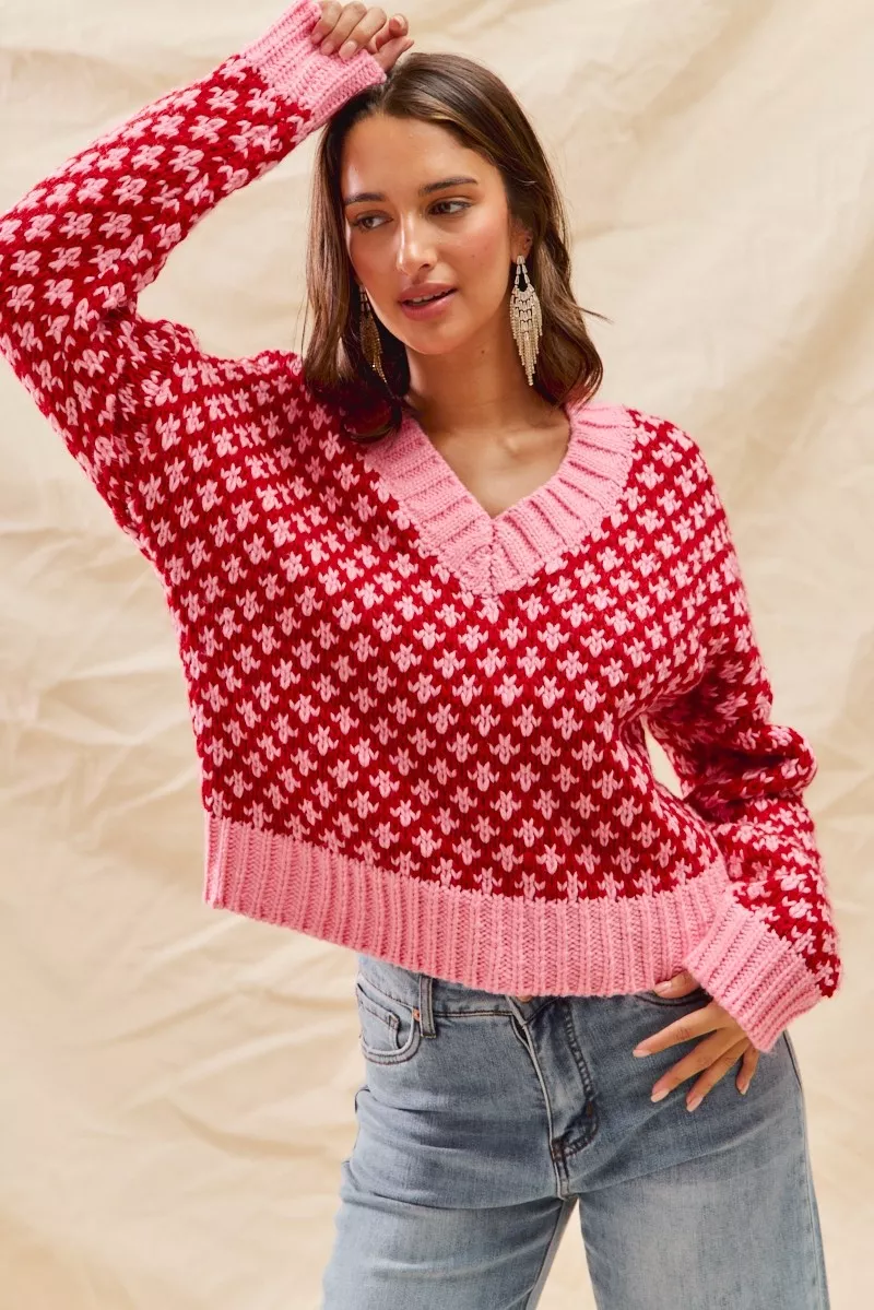 SO ME Color Block Textured Christmas Sweater V Neck Top - Image 12