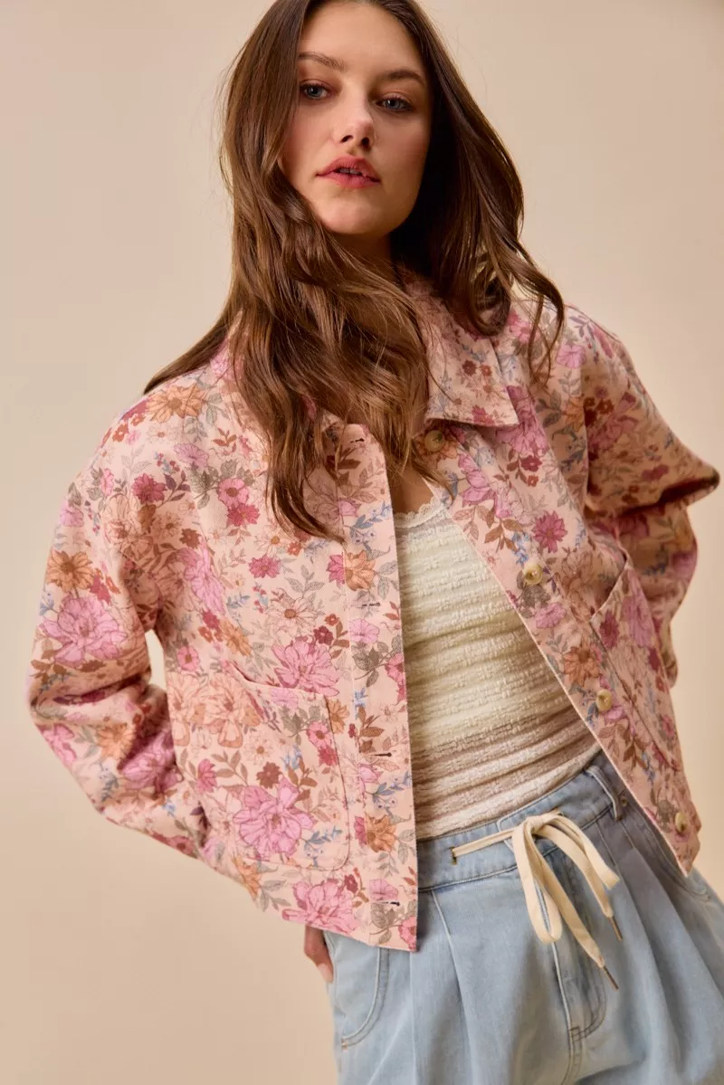 SO ME Floral Print Cotton Twill Button Down Barn Jacket - Image 3