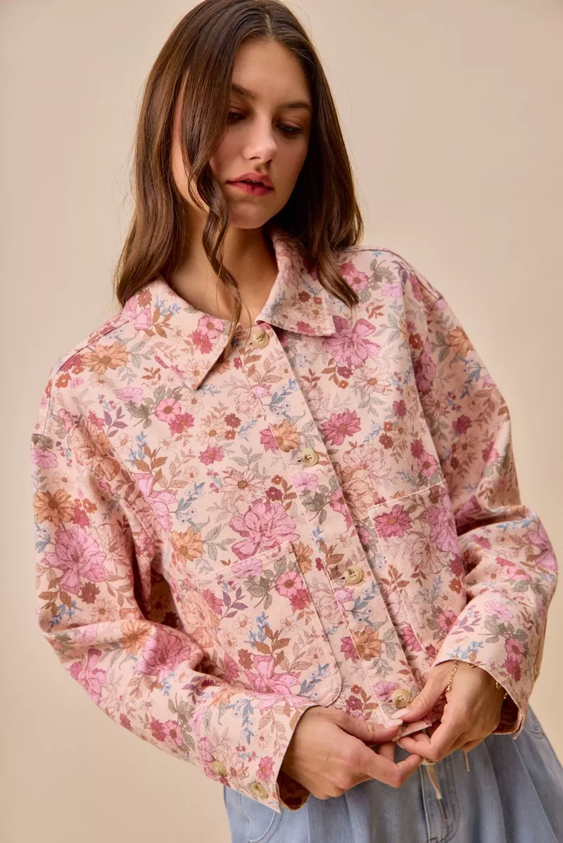SO ME Floral Print Cotton Twill Button Down Barn Jacket - Image 5