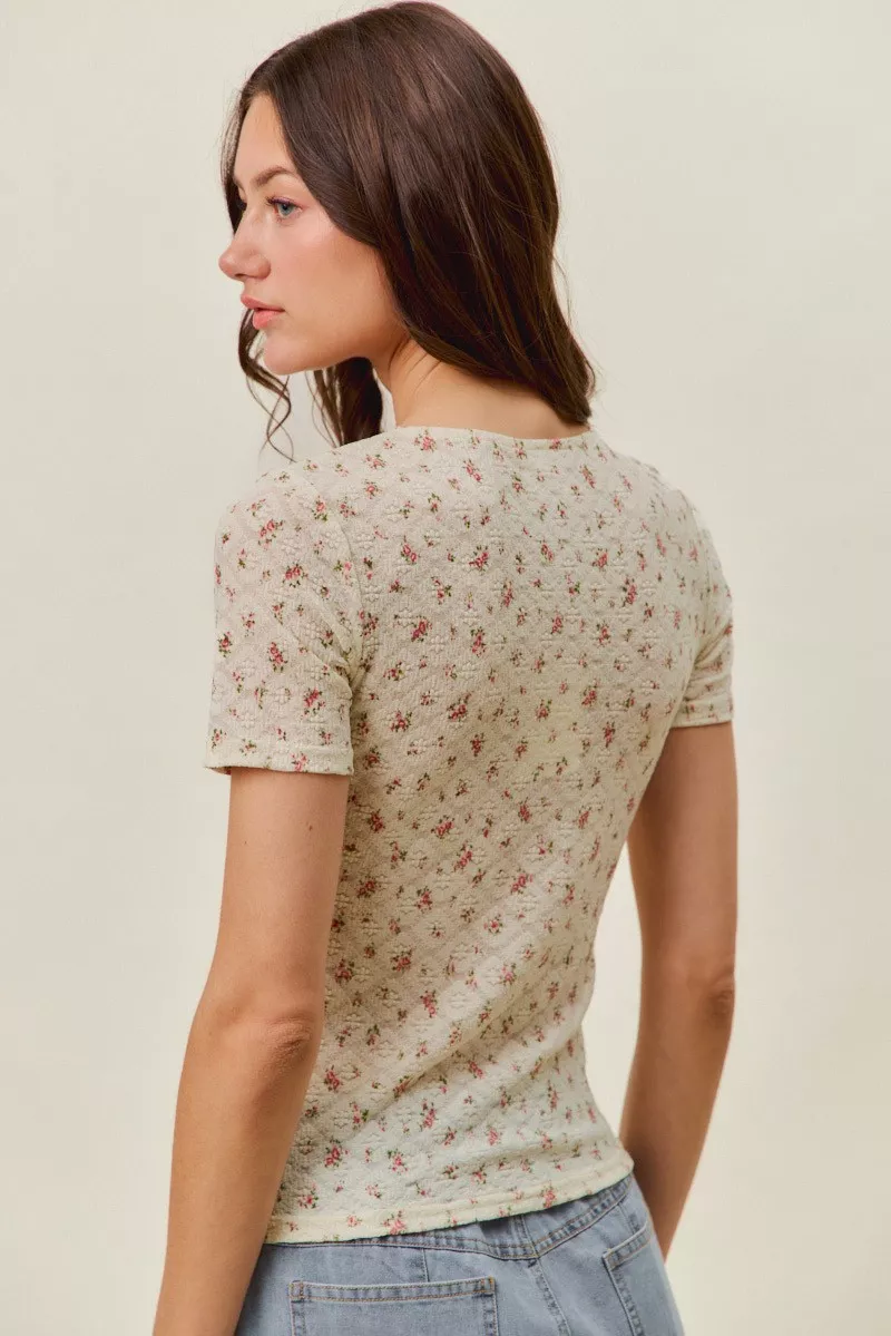 SO ME Floral Print Lace Short Sleeves Layering Knit Top - Image 6