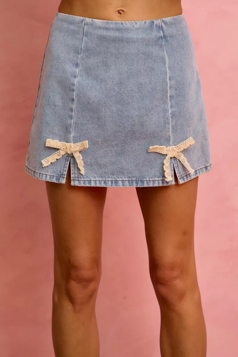 SO ME Lace Ribbon Trim Denim Mini Skirt - Image 3