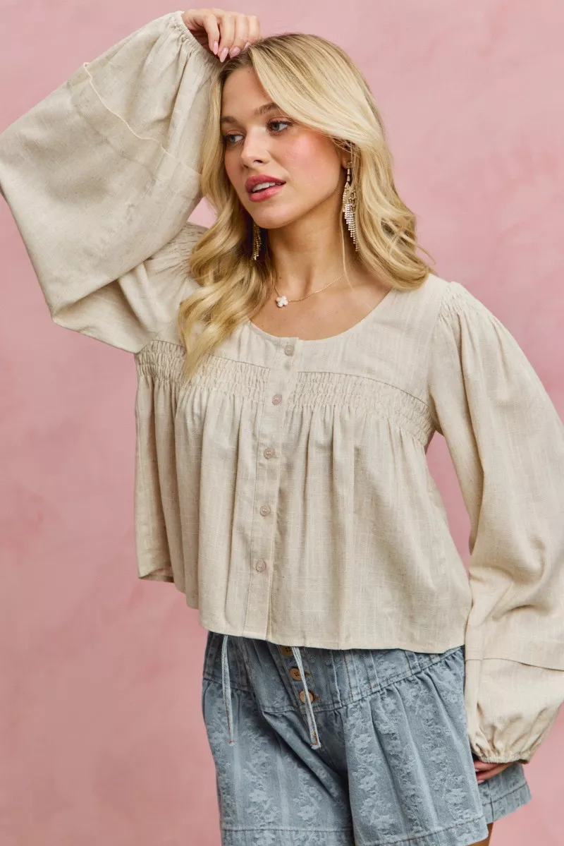 SO ME Linen Blend Woven Long Sleeve With Smocking Top - Image 5