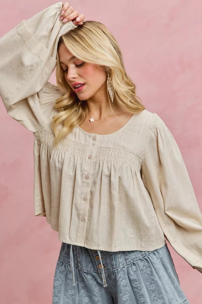 SO ME Linen Blend Woven Long Sleeve With Smocking Top - Image 6