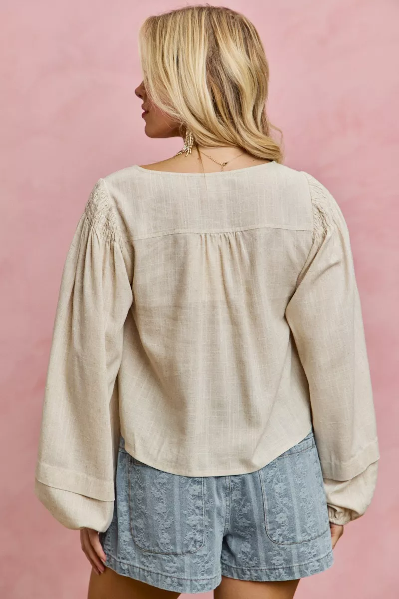 SO ME Linen Blend Woven Long Sleeve With Smocking Top - Image 7