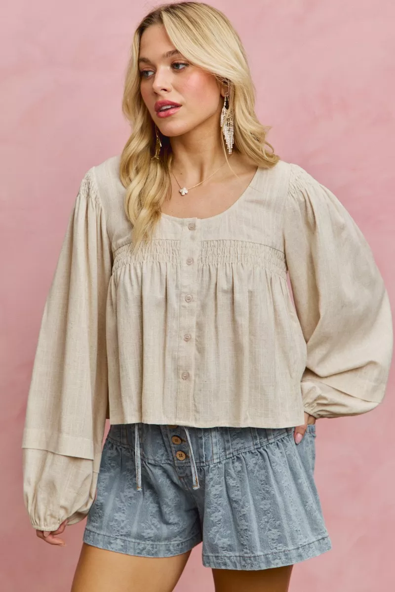 SO ME Linen Blend Woven Long Sleeve With Smocking Top - Image 8