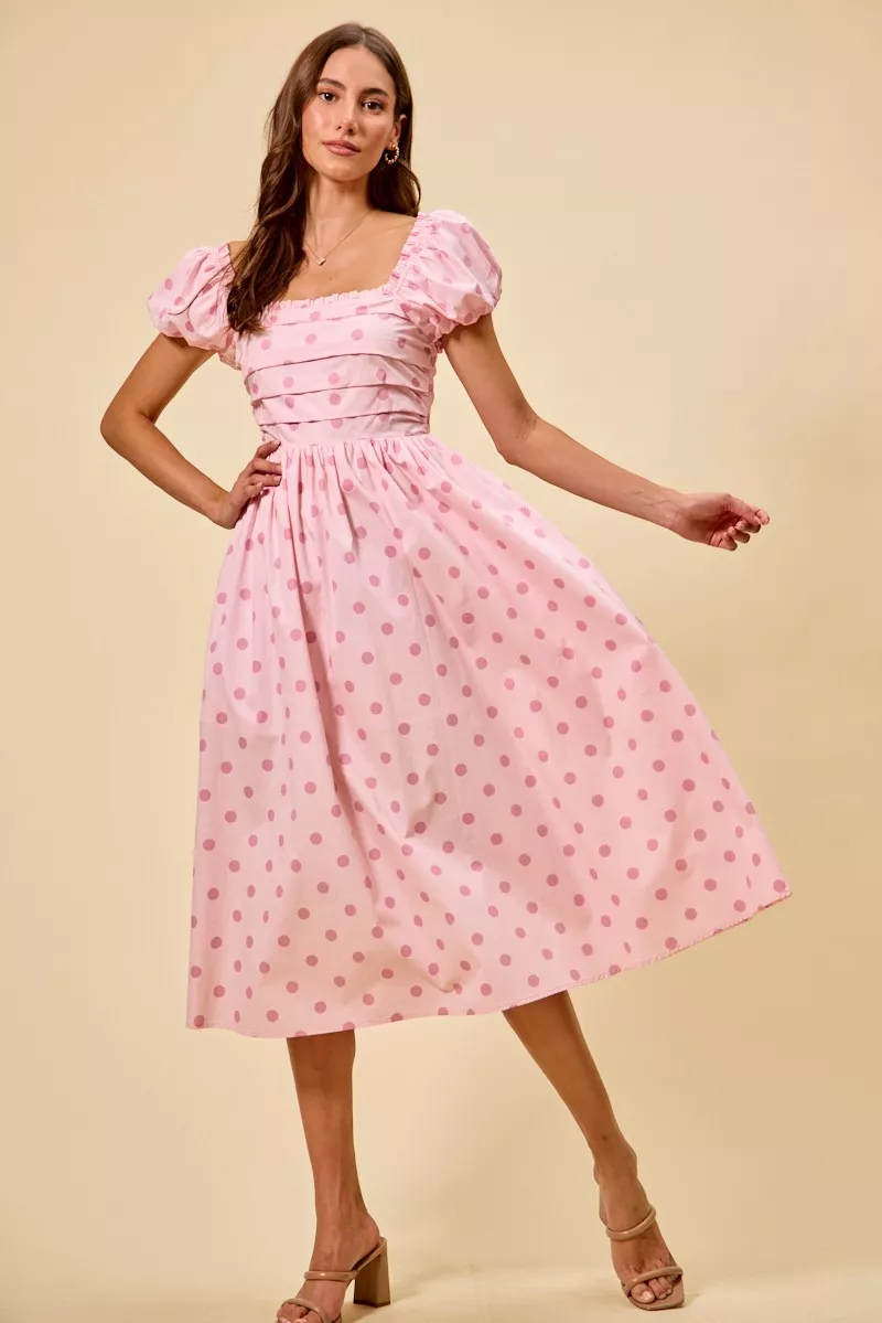 SO ME Polka Cotton Print Short Sleeves Midi Dress - Image 8