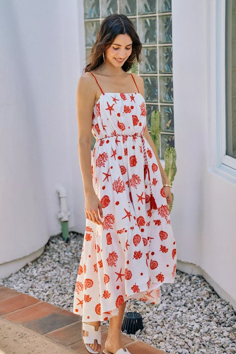 SO ME Shell Print Tiered Lined Midi Cami Dress With Belt - Image 5