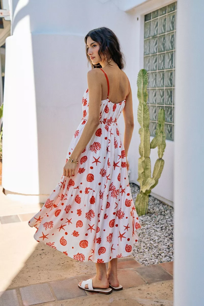 SO ME Shell Print Tiered Lined Midi Cami Dress With Belt - Image 6