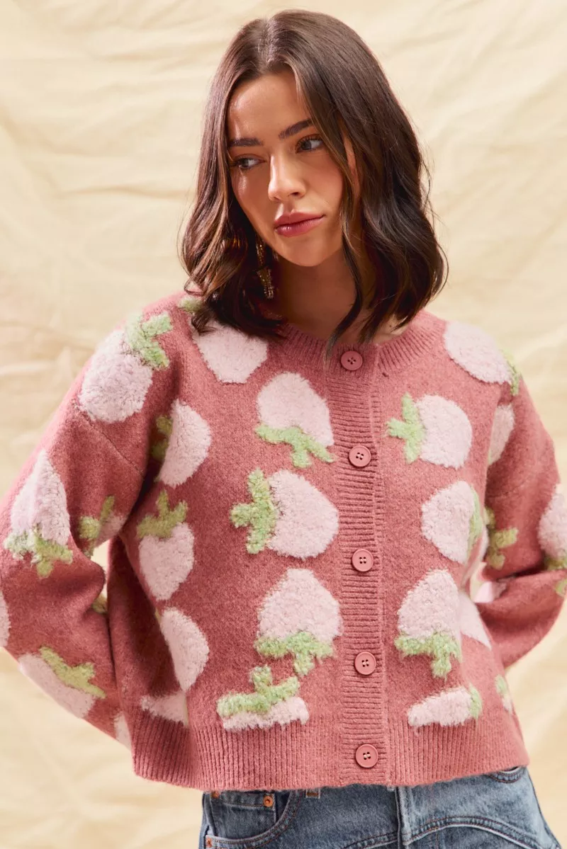 SO ME Strawberry Fruit All Over Button Sweater Cardigan - Image 3