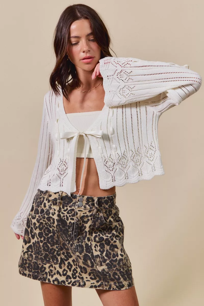 SO ME Textured Sweater Open Front Ribbon Tie Cardigan - Image 3