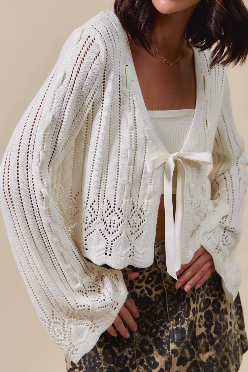 SO ME Textured Sweater Open Front Ribbon Tie Cardigan - Image 5