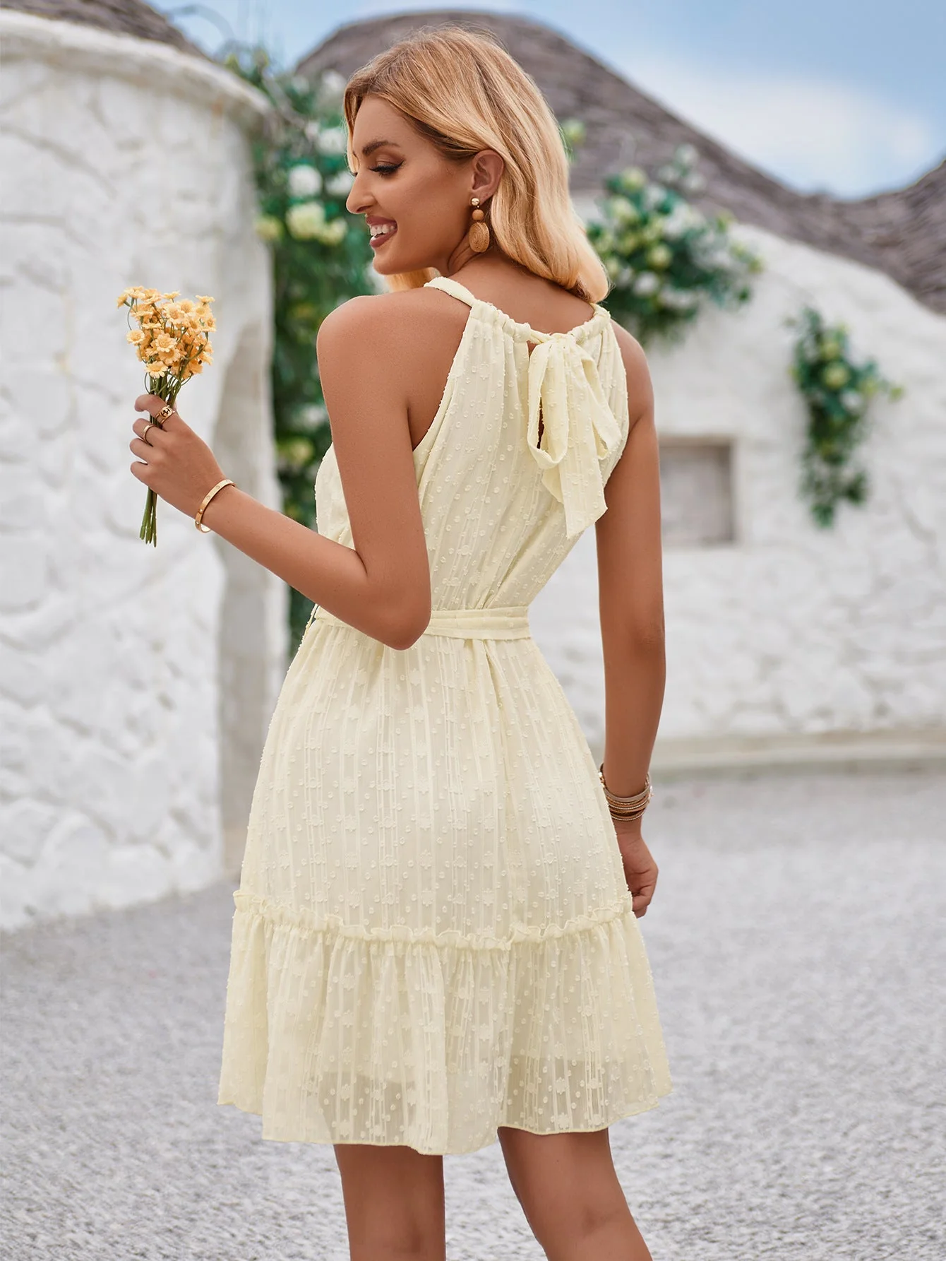 Solid Color Halterneck Dress Summer Casual Lace Tie Waist Womens Clothing New Fashion Vacation Beach Dresses - Image 3
