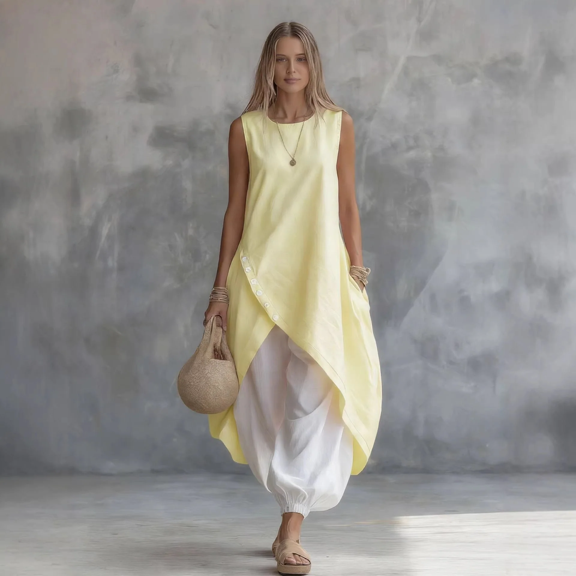 Solid-Color Sleeveless Loose-Fit Dress With Patch Pockets - Image 3
