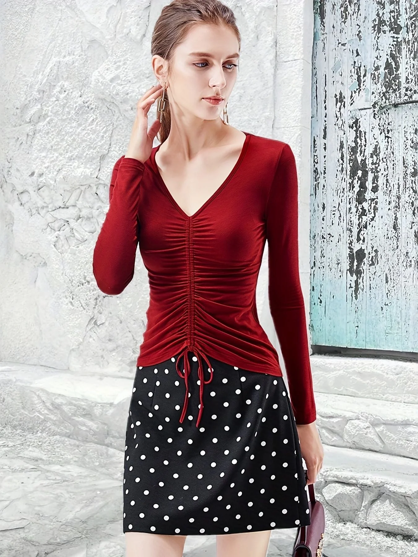 Solid Drawstring Ruched V-neck T-Shirt, Casual Long Sleeve T-Shirt For Spring & Fall, Women's Clothing - Image 26
