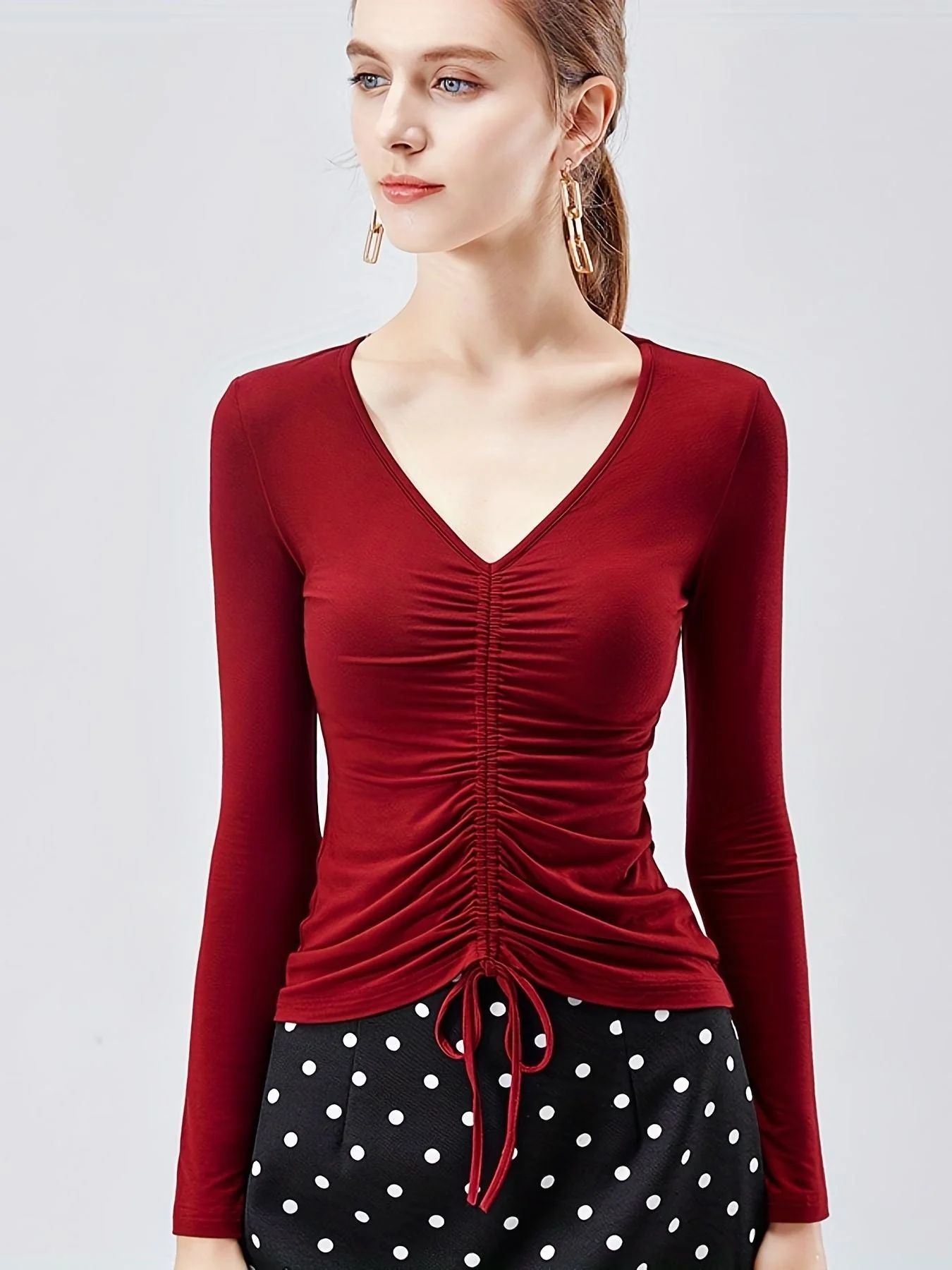 Solid Drawstring Ruched V-neck T-Shirt, Casual Long Sleeve T-Shirt For Spring & Fall, Women's Clothing - Image 4