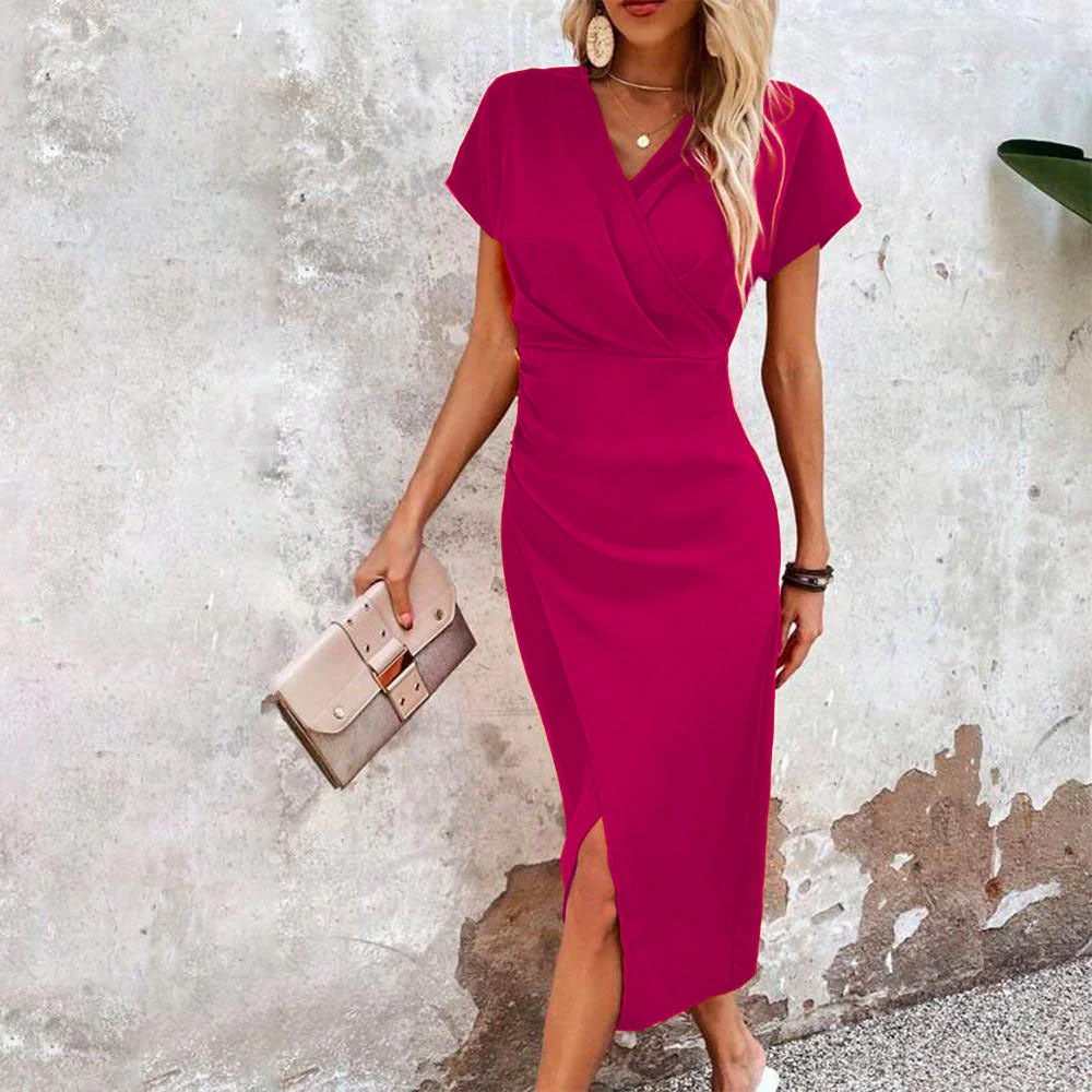 Split V-Neck Bodycon Dress – Slim Fit Short Sleeve Slit Dress - Image 10
