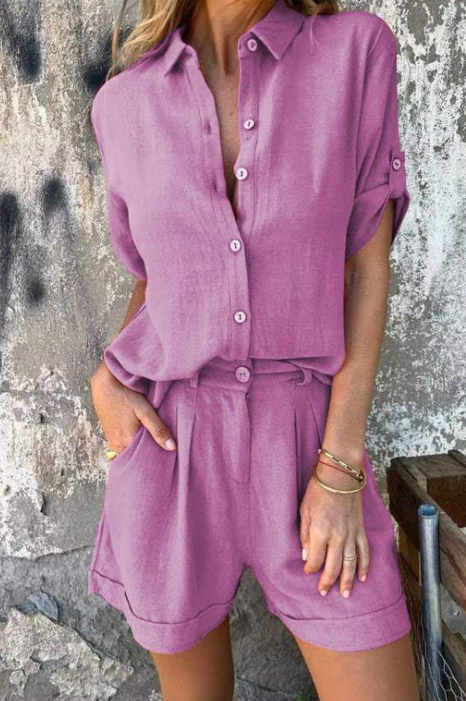 Spring And Summer New Cotton And Linen Short-sleeved Shorts Casual Suit Women - Image 11