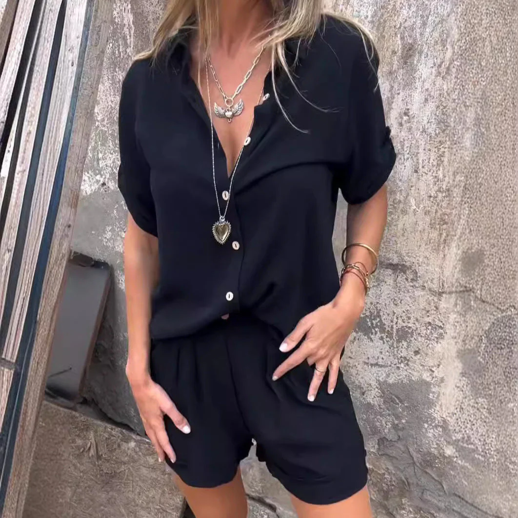 Spring And Summer New Cotton And Linen Short-sleeved Shorts Casual Suit Women - Image 3