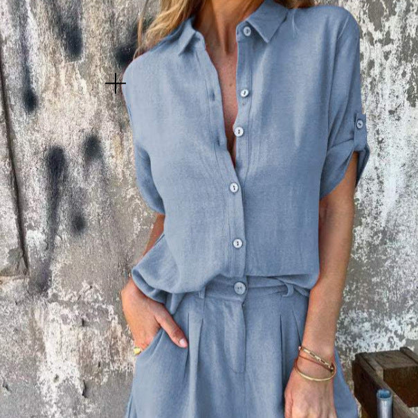Spring And Summer New Cotton And Linen Short-sleeved Shorts Casual Suit Women - Image 4